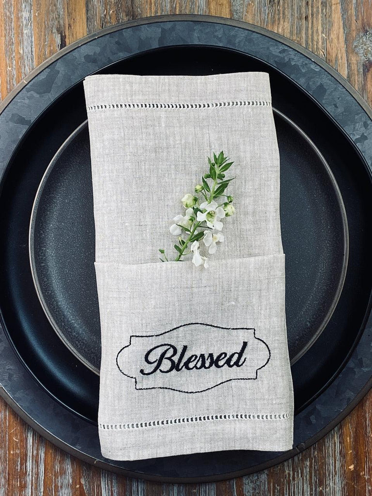 Thanksgiving Blessed Embroidered Cloth Dinner Napkins - Set of 4 napkins - White Tulip Embroidery