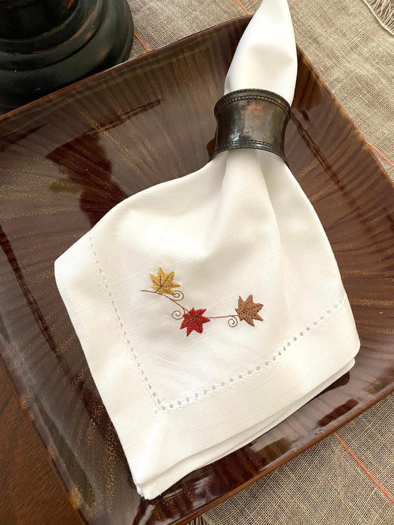 Thanksgiving Blowing Leaves Embroidered Cloth Napkins - Set of 4 napkins - White Tulip Embroidery