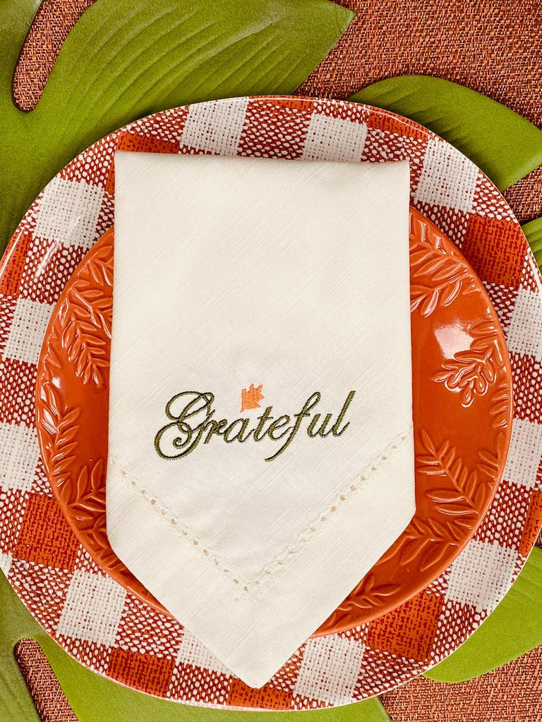Thanksgiving Grateful Embroidered Cloth Dinner Napkins - Set of 4 napkins - White Tulip Embroidery