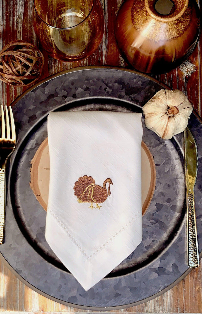 Traditional Thanksgiving Turkey Cloth Dinner Napkins - Set of 4 napkins - White Tulip Embroidery
