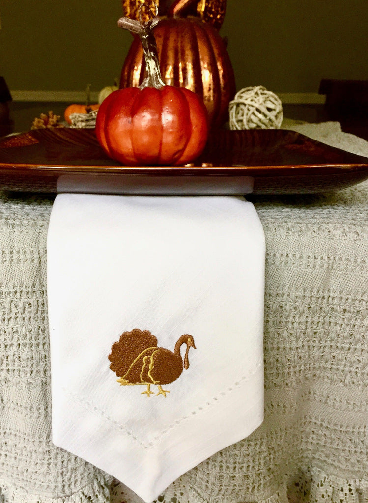 Traditional Thanksgiving Turkey Cloth Grey Napkins - Set of 4 napkins - White Tulip Embroidery