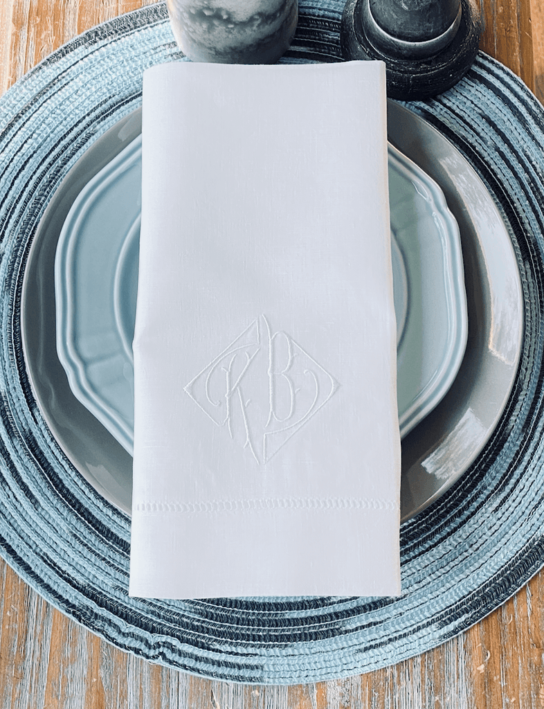 Triangle Double Initial Monogrammed Cloth Napkins - Set of 4 Duogram Napkins - White Tulip Embroidery