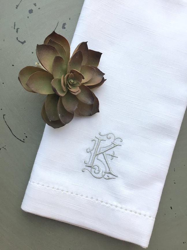Victoria Monogrammed Embroidered Cloth Dinner Napkins - Set of 4 napkins - White Tulip Embroidery
