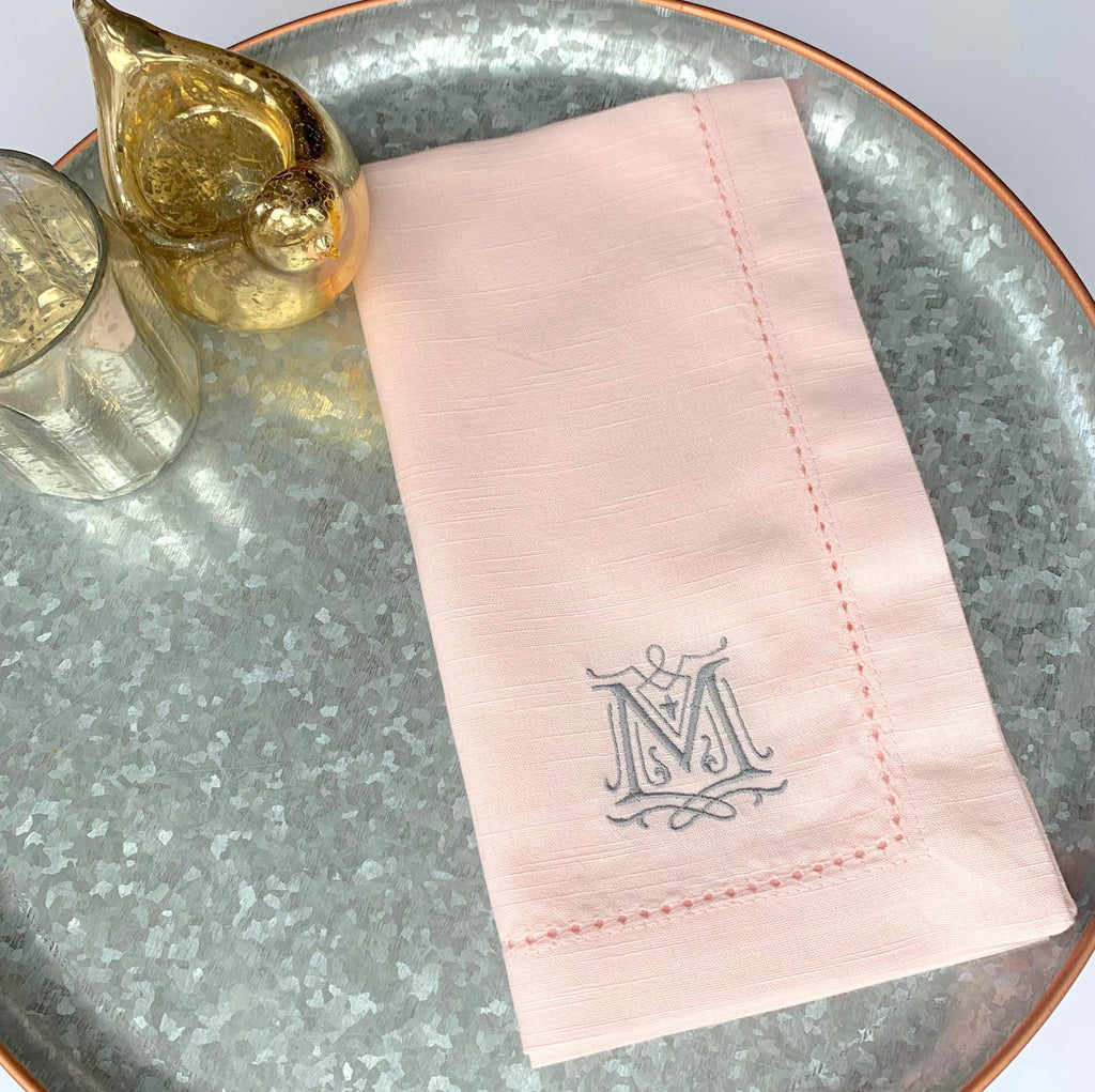 Victoria Monogrammed Embroidered Cloth Dinner Napkins - Set of 4 napkins - White Tulip Embroidery