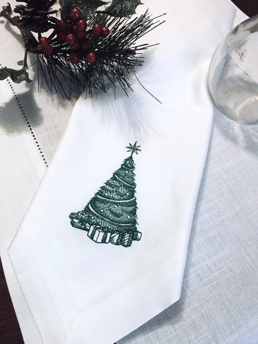 Woodland Christmas Tree Embroidered Cloth Napkins - Set of 4