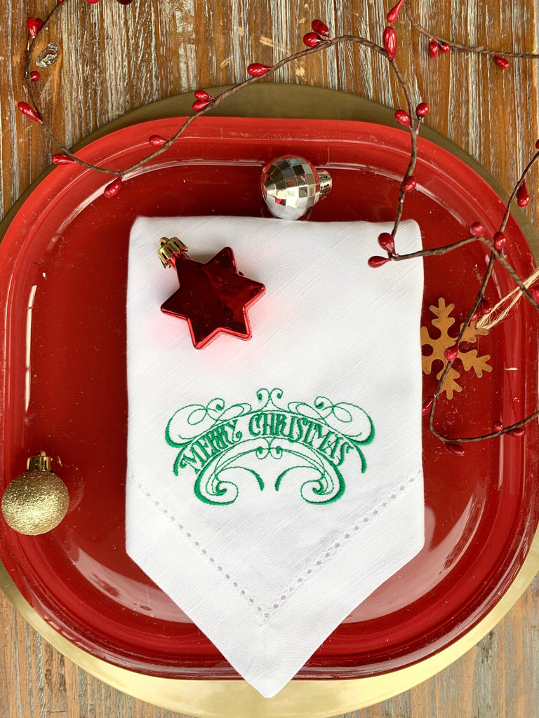 Vintage Merry Christmas Cloth Napkins - Set of 4 Christmas napkins - White Tulip Embroidery