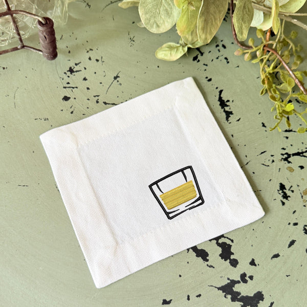 Whiskey Embroidered Cloth Cocktail Napkins Set of 4, Low Ball Whiskey Glass Linen cocktail napkins, Bourbon gift - White Tulip Embroidery