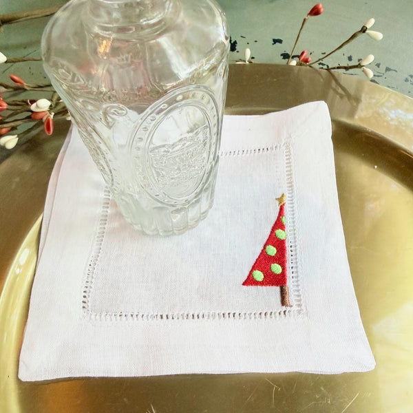 Modern Christmas Tree Cloth Cocktail Napkins, Set of 4 Unique Designs - White Tulip Embroidery