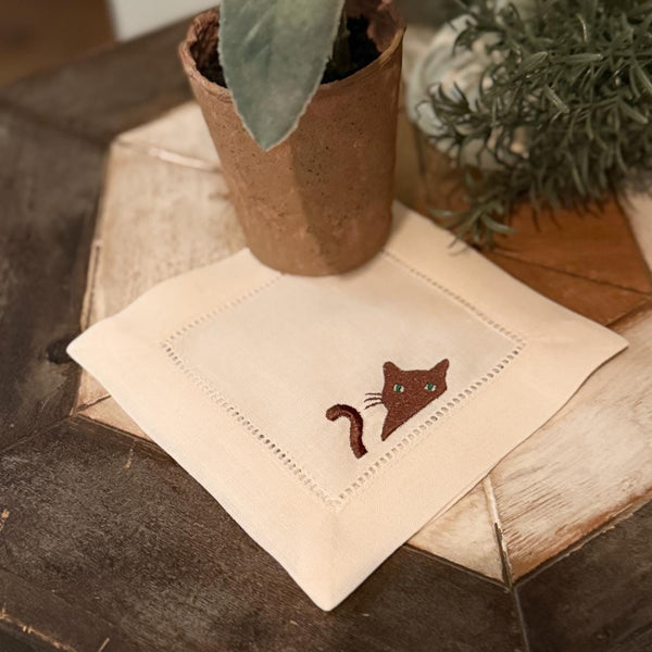 Black Cat Cocktail Napkins, Set of 4, Black Cat Embroidered Linen Cocktail Napkins - White Tulip Embroidery
