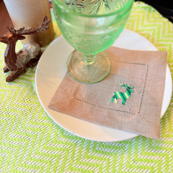 Striped Reindeer Cloth Cocktail Napkins, Set of 4 Linen Napkins - White Tulip Embroidery