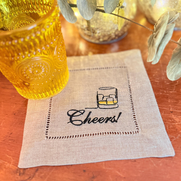 Monogrammed Whiskey Name Cocktail Napkins, Set of 4, Personalized Cloth Linen Napkins - White Tulip Embroidery