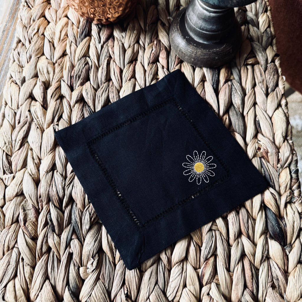 Daisy Cocktail Napkins, Set of 4 Unique Designs, Flower Cocktail Cloth Napkins, Daisies Floral Linen cocktail napkins - White Tulip Embroidery