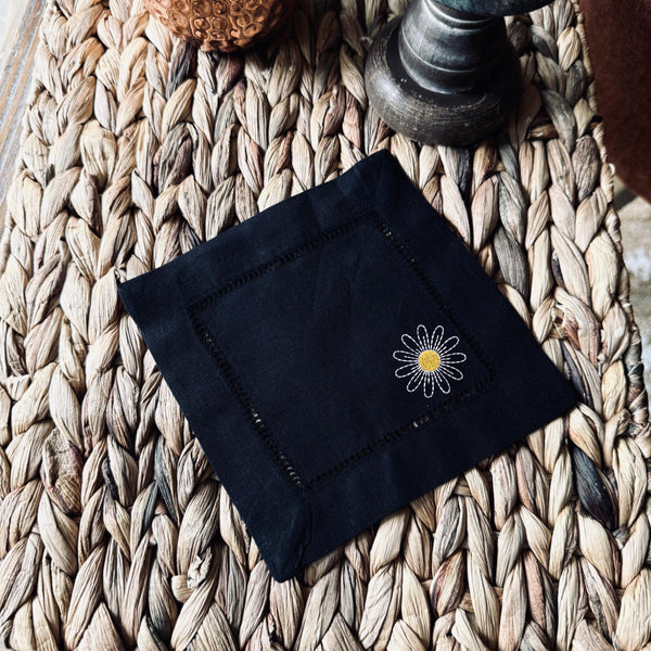 Daisy Cocktail Napkins, Set of 4 Unique Designs, Flower Cocktail Cloth Napkins, Daisies Floral Linen cocktail napkins - White Tulip Embroidery