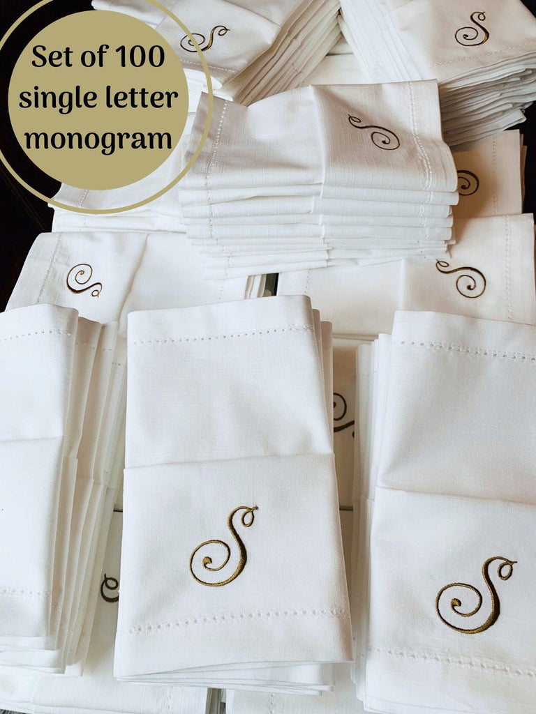 100 Bulk Monogrammed Cloth Napkins - White Tulip Embroidery