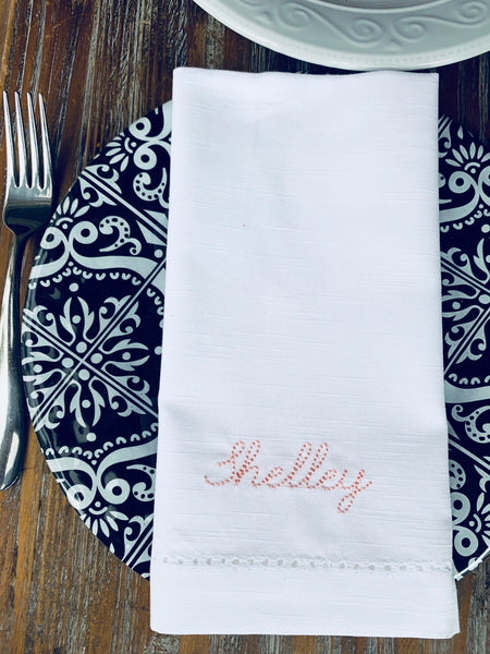 100 Embroidered Name Napkins, Bulk script names napkins - White Tulip Embroidery