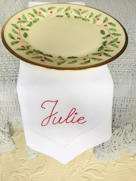 100 Embroidered Name Napkins, Bulk script names napkins - White Tulip Embroidery