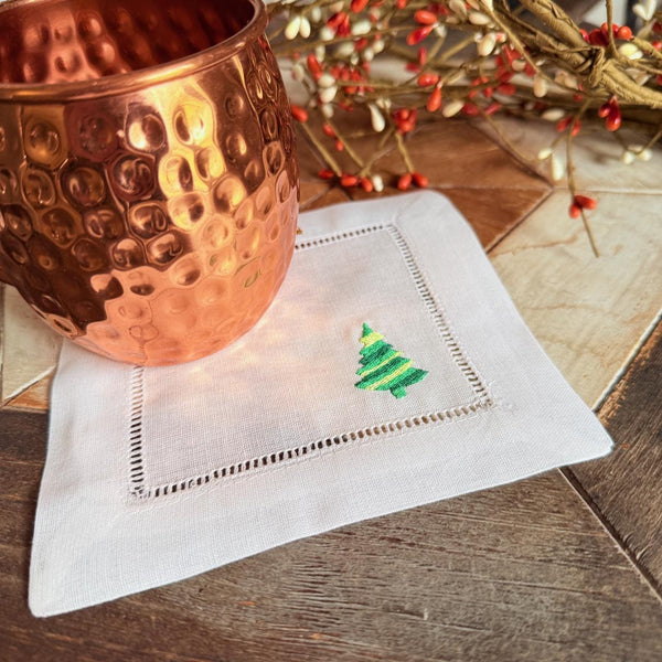 Striped Christmas Tree Cloth Cocktail Napkins, Set of 4 - White Tulip Embroidery