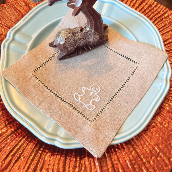 Gingerbread Cloth Cocktail Napkins, Set of 4 Unique Christmas Gingerbread Cookie Designs - White Tulip Embroidery