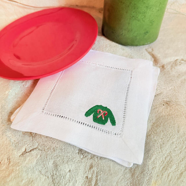 Christmas Sweater Cloth Cocktail Napkins, Set of 4 Unique Designs, Ugly Sweater Contest Prize - White Tulip Embroidery