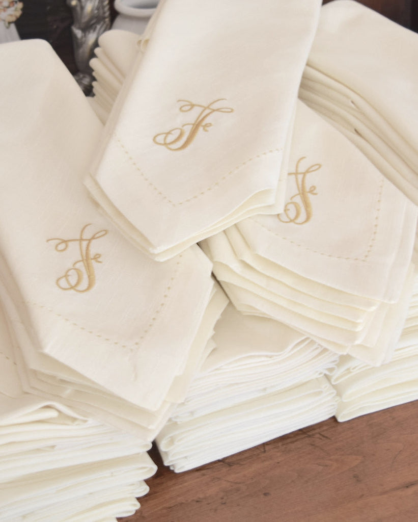 150 Bulk Monogrammed Cloth Napkins - White Tulip Embroidery