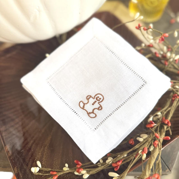Gingerbread Cloth Cocktail Napkins, Set of 4 Unique Christmas Gingerbread Cookie Designs - White Tulip Embroidery