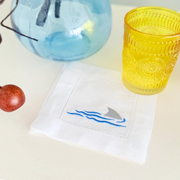 Shark Cocktail Napkins, Beach Embroidered Cocktail Cloth Napkins, Set of 4, Shark Linen cocktail napkins, Beach gift - White Tulip Embroidery