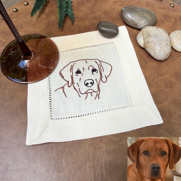 Custom YOUR Dog Embroidered Linen Cocktail Napkins, Set of 4, Dog Lover Gift, Personalized Dog gift, Your dog to embroidered napkins - White Tulip Embroidery