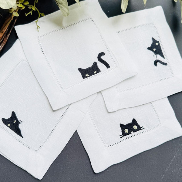 Black Cat Cocktail Napkins, Set of 4, Black Cat Embroidered Linen Cocktail Napkins - White Tulip Embroidery