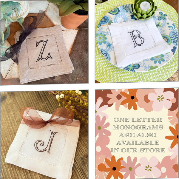 Baroque Three Letter Monogrammed Cocktail Napkins, Set of 4 Monogrammed Cloth Linen Napkin - White Tulip Embroidery