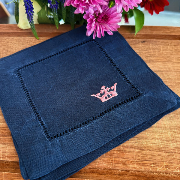 Crown Cocktail Napkins, Set of 4 Unique Embroidered Designs, Crown Cocktail Cloth Napkins, Princess Linen cocktail napkins - White Tulip Embroidery