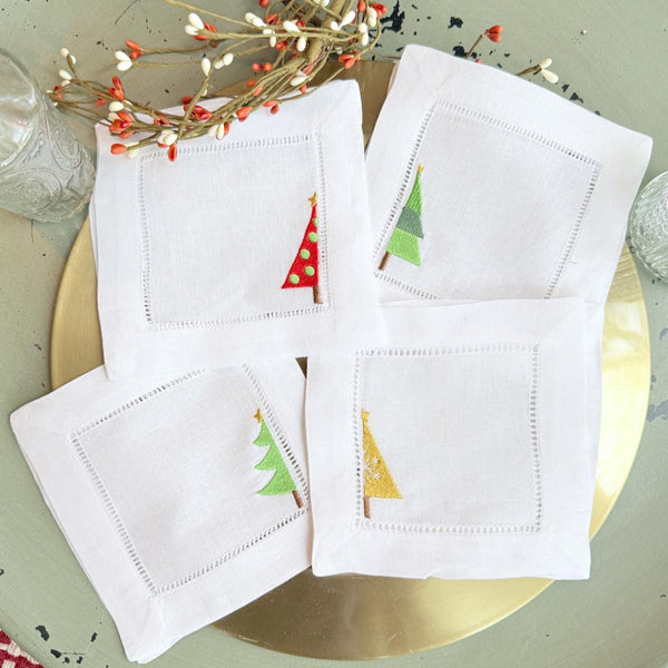 Modern Christmas Tree Cloth Cocktail Napkins, Set of 4 Unique Designs - White Tulip Embroidery