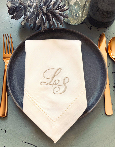 25 Bulk Two Initial Script Monogrammed Cloth Napkins - White Tulip Embroidery