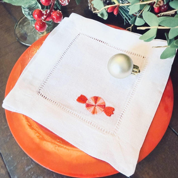 Candy Cane Cloth Cocktail Napkins, Set of 4 Unique Designs - White Tulip Embroidery