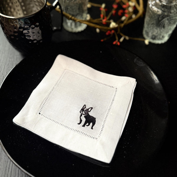 French Bulldog Cocktail Napkins, Set of 4, Frenchie Embroidered dog linen cloth cocktail napkins, french bulldog gift - White Tulip Embroidery
