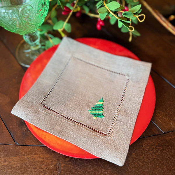 Striped Christmas Tree Cloth Cocktail Napkins, Set of 4 - White Tulip Embroidery