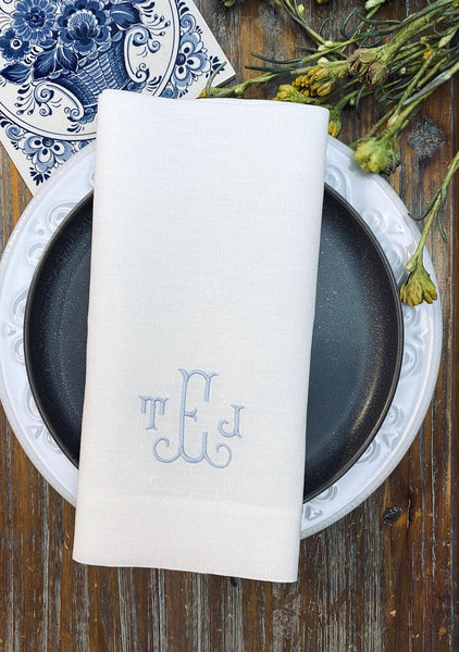 3 Letter Bulk Monogrammed Wedding Napkins, Set of 200, Embroidered Cloth Dinner Napkins - White Tulip Embroidery