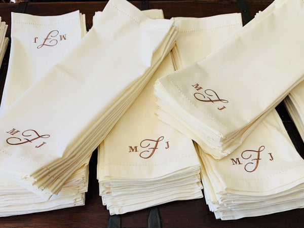 3 Letter Bulk Monogrammed Wedding Napkins, Set of 25, Embroidered Cloth Dinner Napkins - White Tulip Embroidery