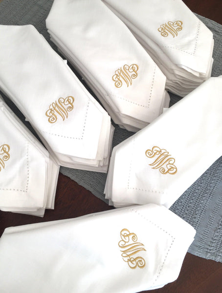 3 Letter Bulk Monogrammed Wedding Napkins, Set of 50, Embroidered Cloth Dinner Napkins - White Tulip Embroidery