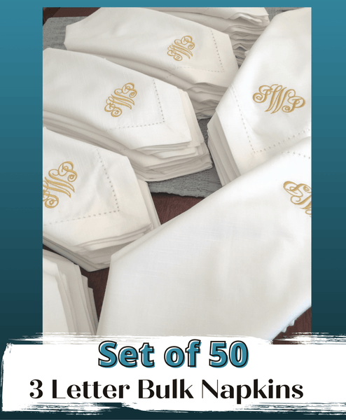 3 Letter Bulk Monogrammed Wedding Napkins, Set of 50, Embroidered Cloth Dinner Napkins - White Tulip Embroidery