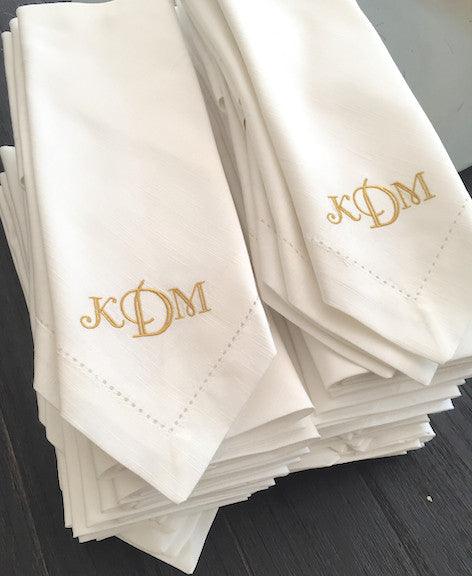 3 Letter Bulk Monogrammed Wedding Napkins, Set of 50, Embroidered Cloth Dinner Napkins - White Tulip Embroidery