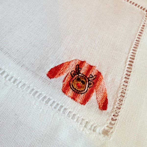 Christmas Sweater Cloth Cocktail Napkins, Set of 4 Unique Designs, Ugly Sweater Contest Prize - White Tulip Embroidery