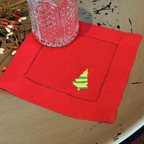 Striped Christmas Tree Cloth Cocktail Napkins, Set of 4 - White Tulip Embroidery