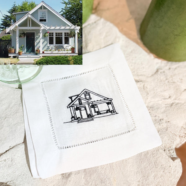 Custom House Embroidered Linen Cocktail Napkins, Set of 4, Housewarming Gift, gift from realtor, personalized napkins - White Tulip Embroidery