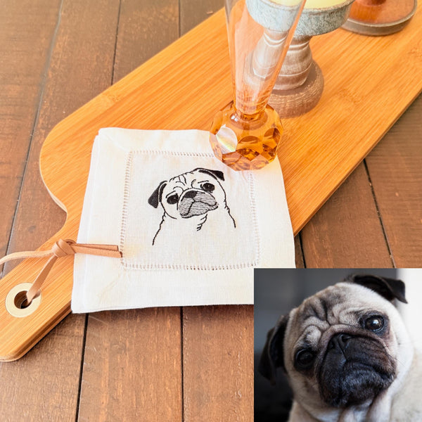 Custom YOUR Dog Embroidered Linen Cocktail Napkins, Set of 4, Dog Lover Gift, Personalized Dog gift, Your dog to embroidered napkins - White Tulip Embroidery