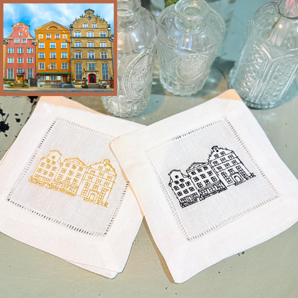 Custom House Embroidered Linen Cocktail Napkins, Set of 4, Housewarming Gift, gift from realtor, personalized napkins - White Tulip Embroidery