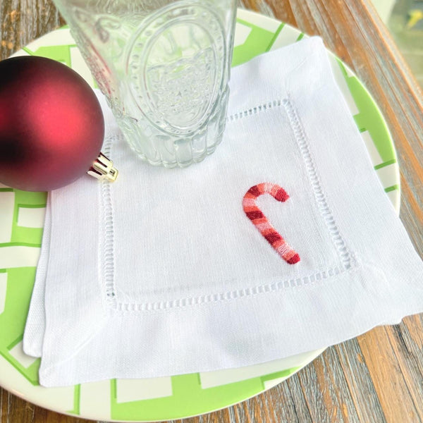 Candy Cane Cloth Cocktail Napkins, Set of 4 Unique Designs - White Tulip Embroidery