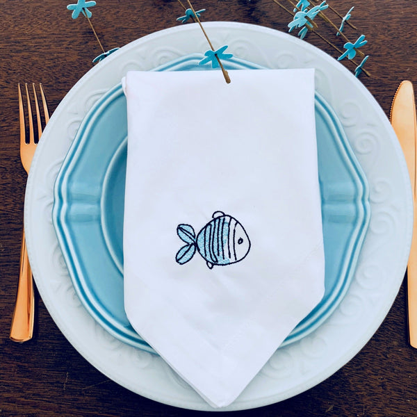Fish Embroidered Cloth Napkins - Set of 4 napkins - White Tulip Embroidery