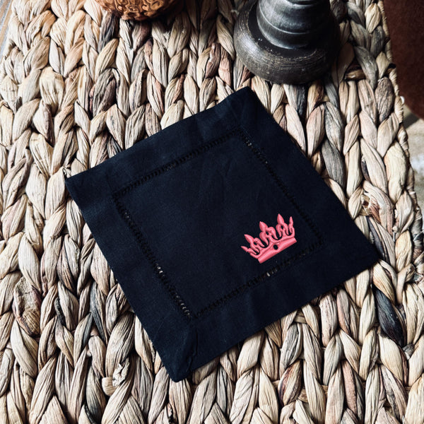 Crown Cocktail Napkins, Set of 4 Unique Embroidered Designs, Crown Cocktail Cloth Napkins, Princess Linen cocktail napkins - White Tulip Embroidery