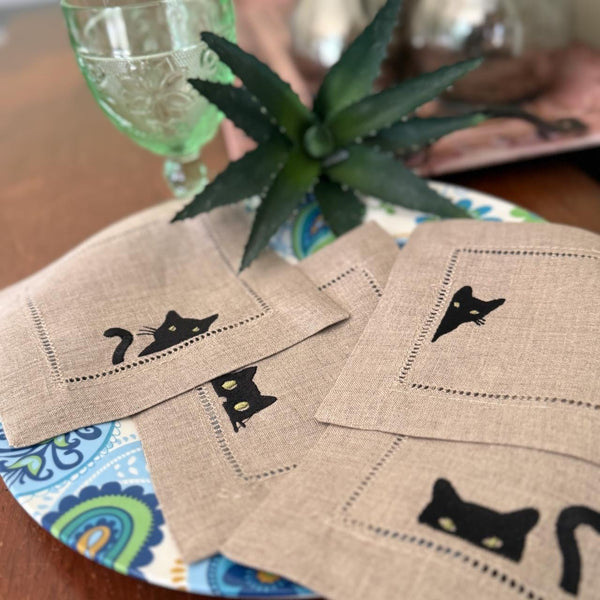 Black Cat Cocktail Napkins, Set of 4, Black Cat Embroidered Linen Cocktail Napkins - White Tulip Embroidery