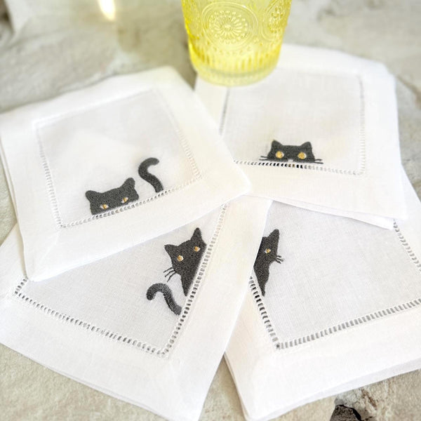 Black Cat Cocktail Napkins, Set of 4, Black Cat Embroidered Linen Cocktail Napkins - White Tulip Embroidery